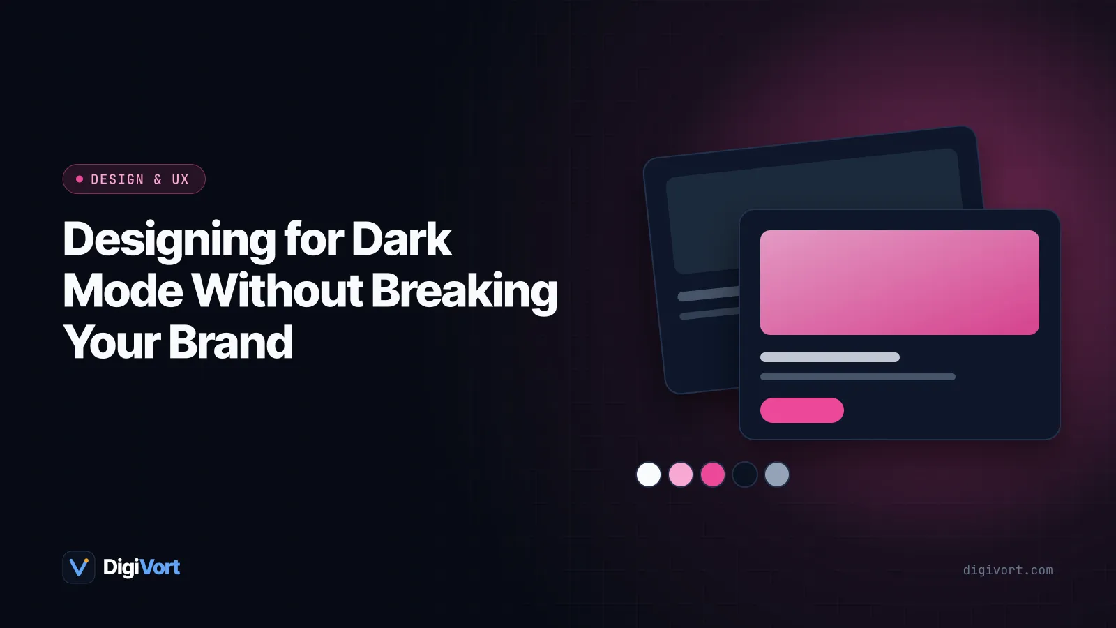 Illustration of the same web dashboard shown in light and dark themes side by side, with brand colours adjusted for each background