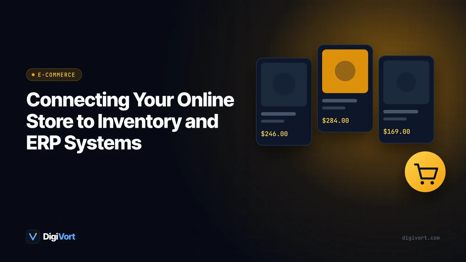 Illustration of an online store and an ERP dashboard connected by data arrows for stock, orders and prices