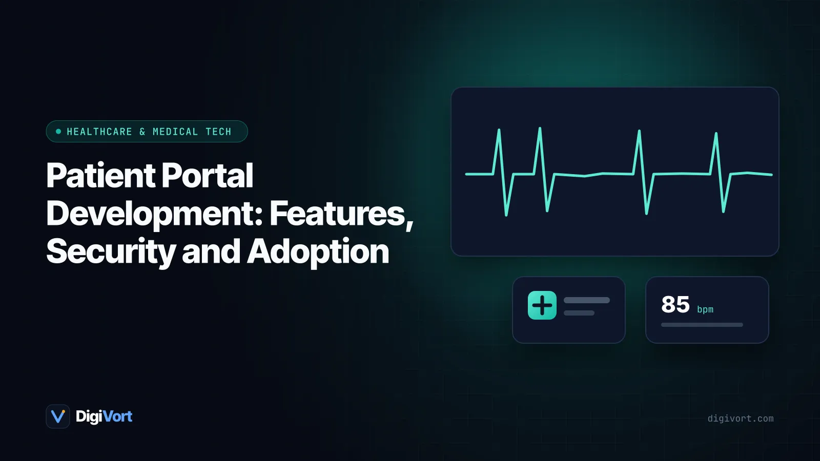 Illustration of a patient using a smartphone portal showing appointments, test results and secure messages with a shield icon