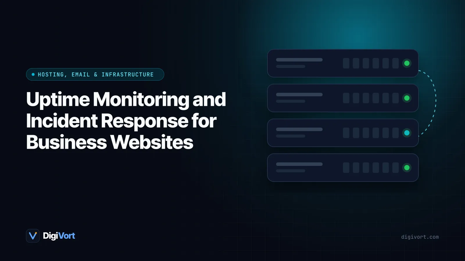 Illustration of a monitoring dashboard with green status checks, one amber alert and an on-call engineer responding