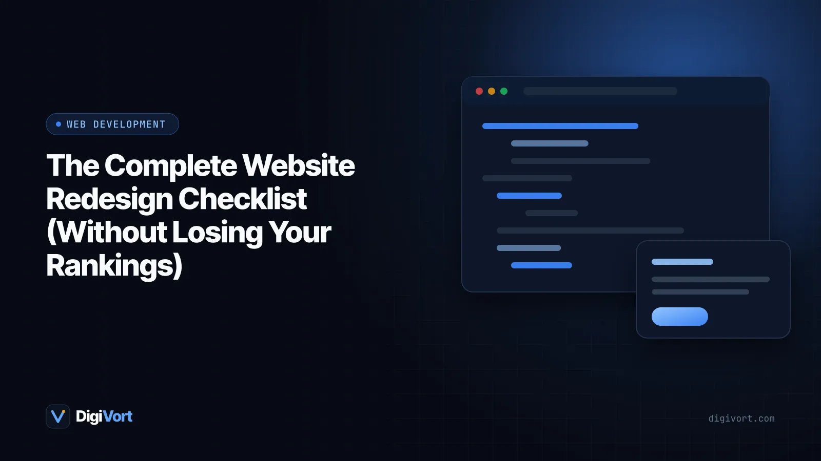 Illustration of a checklist clipboard beside old and new website layouts connected by redirect arrows